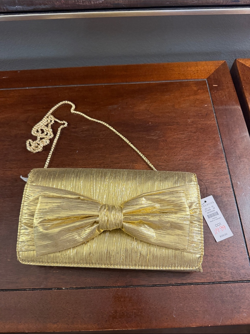 Gold Bow Accent Evening Clutch with Chain Strap